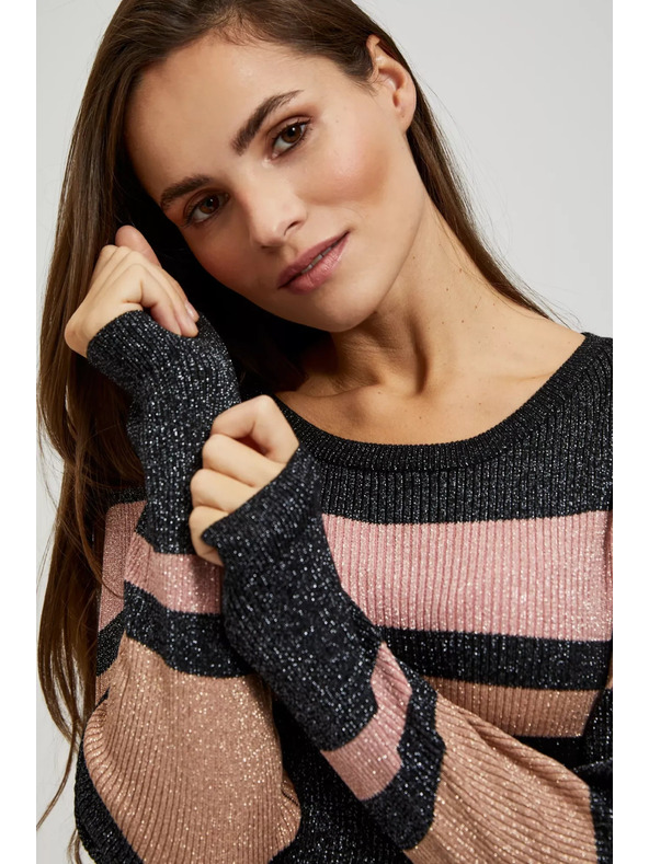 Moodo Moodo fekete csíkos pulóver fémes szállal és kerek nyakkivágással