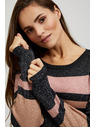 Moodo Moodo fekete csíkos pulóver fémes szállal és kerek nyakkivágással
