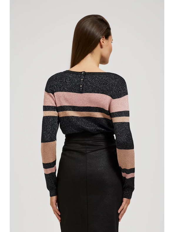 Moodo Moodo fekete csíkos pulóver fémes szállal és kerek nyakkivágással