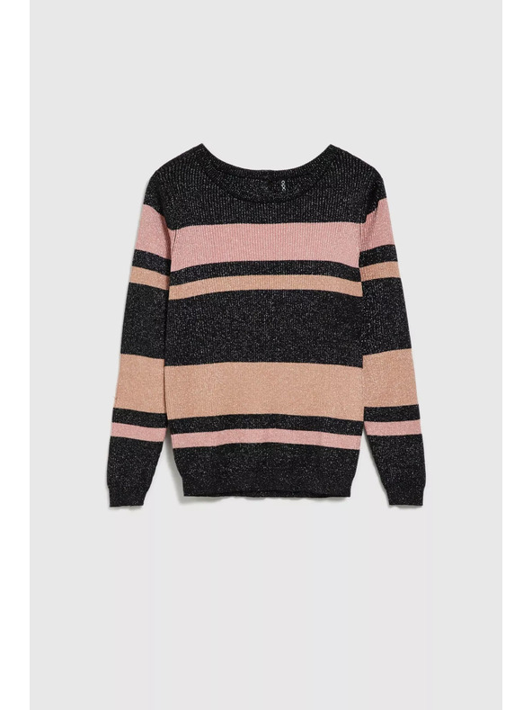 Moodo Moodo fekete csíkos pulóver fémes szállal és kerek nyakkivágással