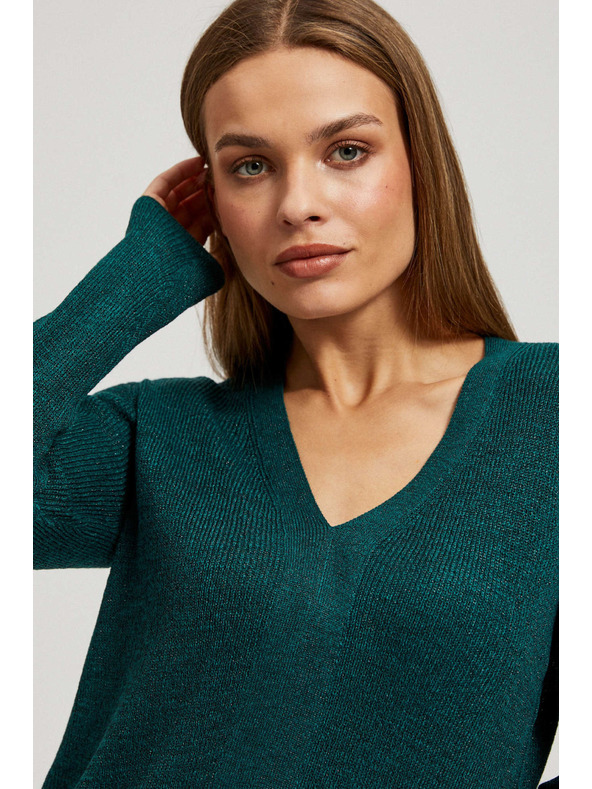 Moodo Smaragdzöld karcsúsított V-nyakú pulóver Moodo