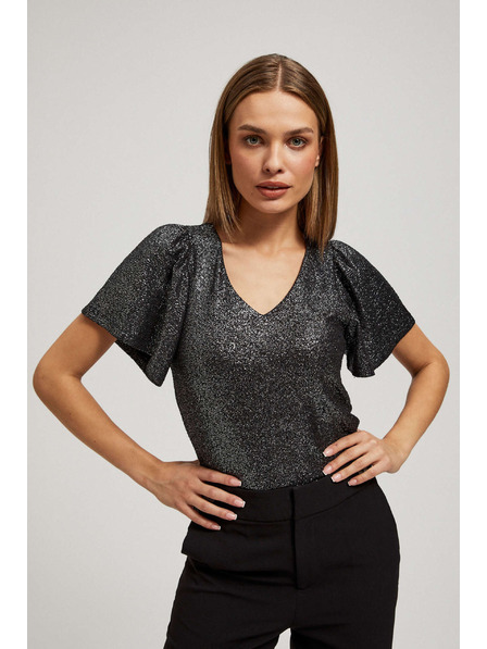 Moodo V-nyakú blúz felfújt rövid ujjakkal fekete Moodo