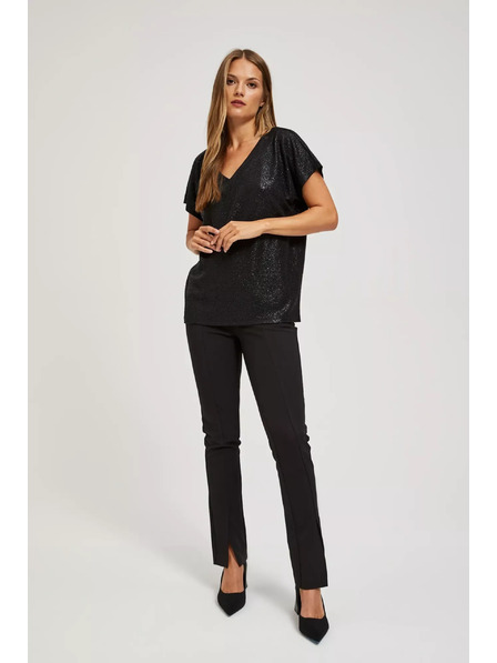 Moodo Elegáns fekete V-nyakú fényes anyagú blúz Moodo