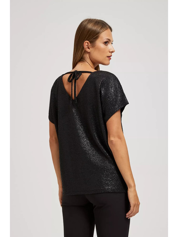 Moodo Elegáns fekete V-nyakú fényes anyagú blúz Moodo