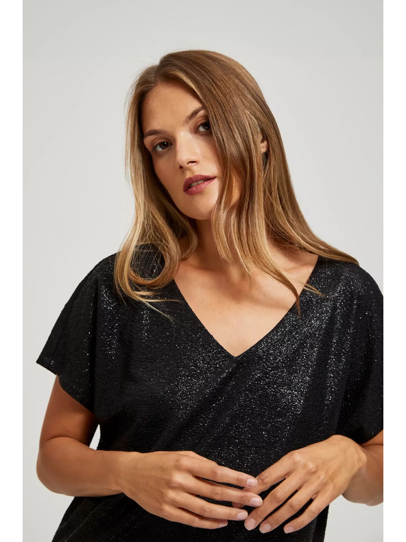 Moodo Elegáns fekete V-nyakú fényes anyagú blúz Moodo