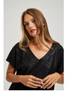 Moodo Elegáns fekete V-nyakú fényes anyagú blúz Moodo