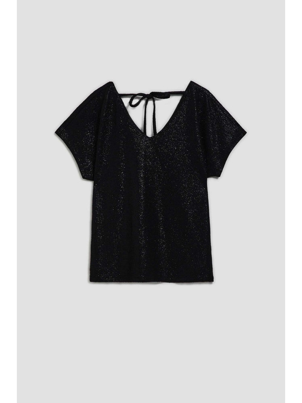 Moodo Elegáns fekete V-nyakú fényes anyagú blúz Moodo