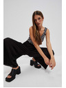 Moodo Fekete bordázott anyagú bő szárú nadrág Moodo