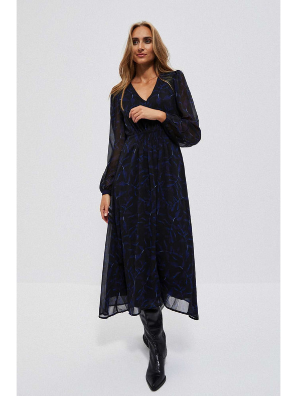 Moodo Fekete midi ruha nyomott mintával és felfújt ujjakkal Moodo