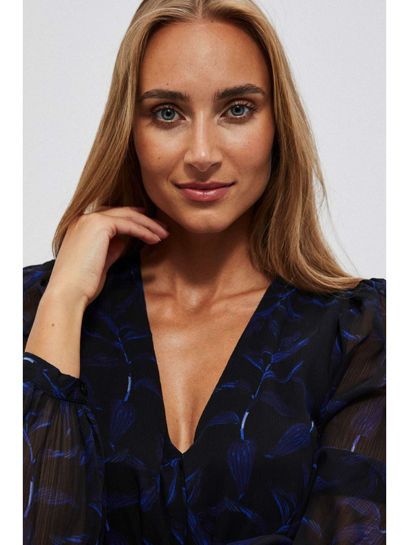 Moodo Fekete midi ruha nyomott mintával és felfújt ujjakkal Moodo