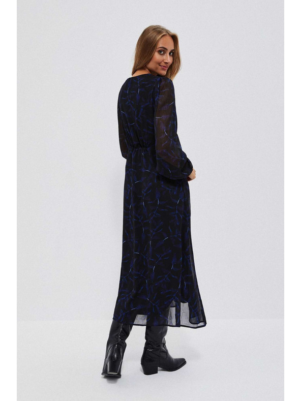 Moodo Fekete midi ruha nyomott mintával és felfújt ujjakkal Moodo