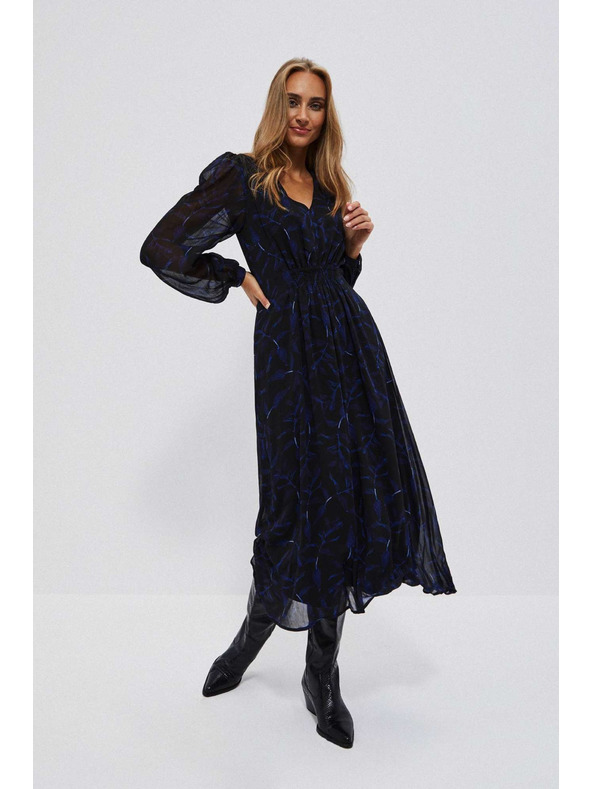Moodo Fekete midi ruha nyomott mintával és felfújt ujjakkal Moodo