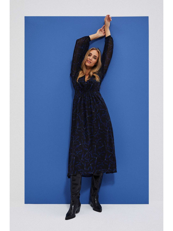 Moodo Fekete midi ruha nyomott mintával és felfújt ujjakkal Moodo