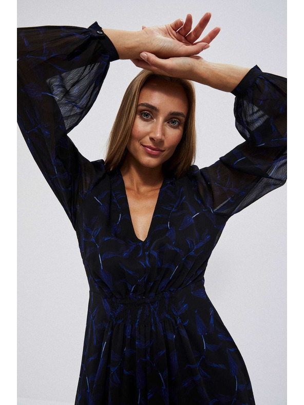 Moodo Fekete midi ruha nyomott mintával és felfújt ujjakkal Moodo