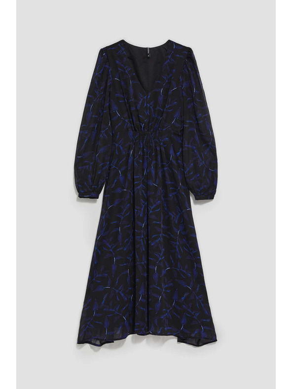 Moodo Fekete midi ruha nyomott mintával és felfújt ujjakkal Moodo