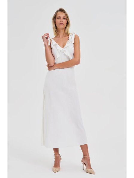 Moodo Fehér midi ruha fodros nyakkivágással Moodo