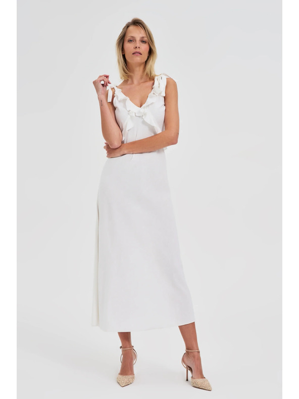 Moodo Fehér midi ruha fodros nyakkivágással Moodo