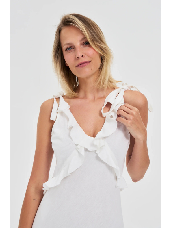 Moodo Fehér midi ruha fodros nyakkivágással Moodo