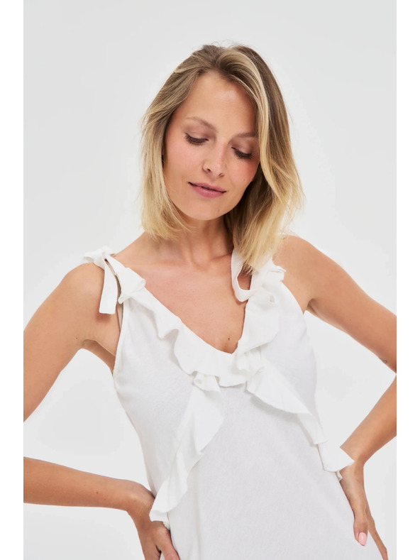 Moodo Fehér midi ruha fodros nyakkivágással Moodo