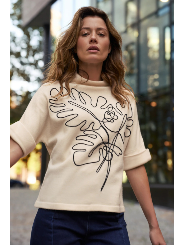 Moodo Bézs rövid ujjú applikációs pulóver Moodo