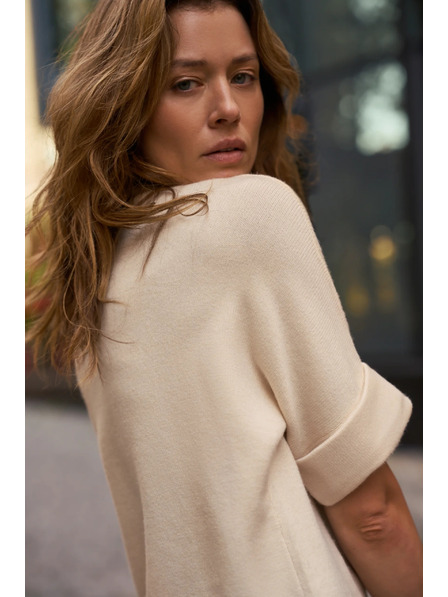 Moodo Bézs rövid ujjú applikációs pulóver Moodo