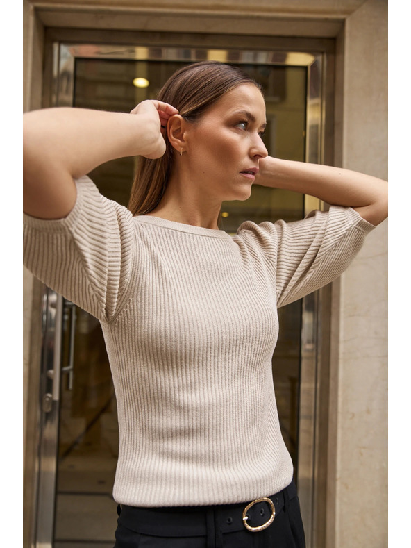 Moodo Bordázott bézs fodros ujjú pulóver Moodo