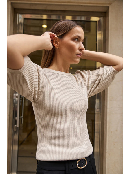 Moodo Bordázott bézs fodros ujjú pulóver Moodo