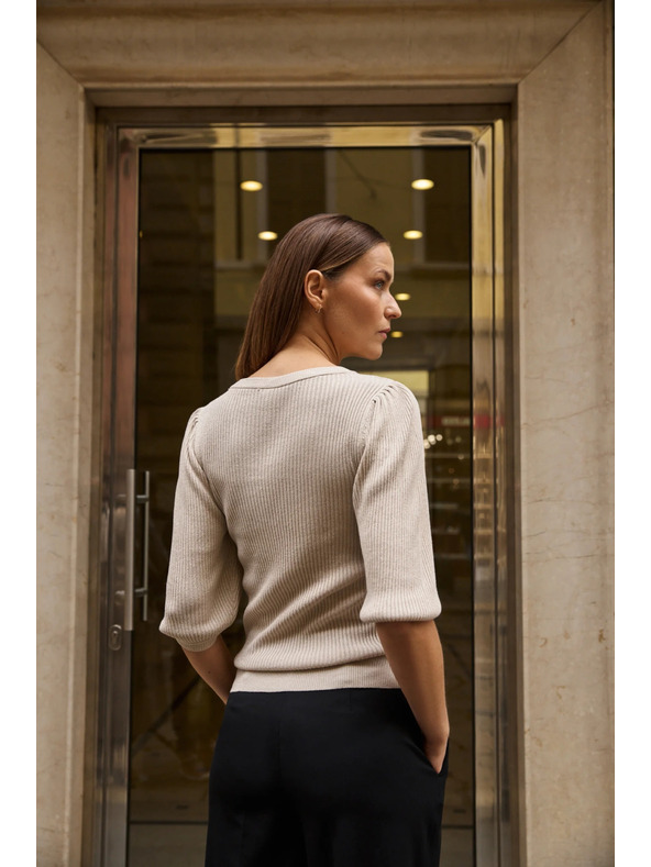 Moodo Bordázott bézs fodros ujjú pulóver Moodo