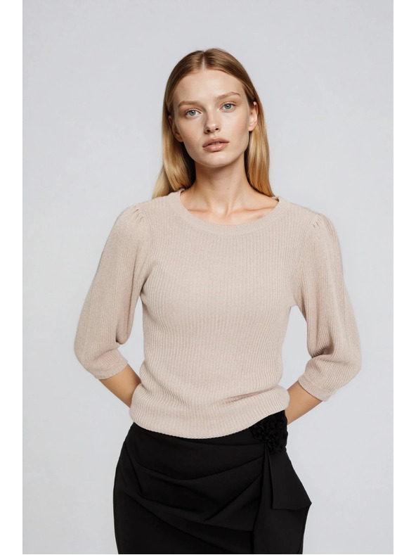 Moodo Bordázott bézs fodros ujjú pulóver Moodo