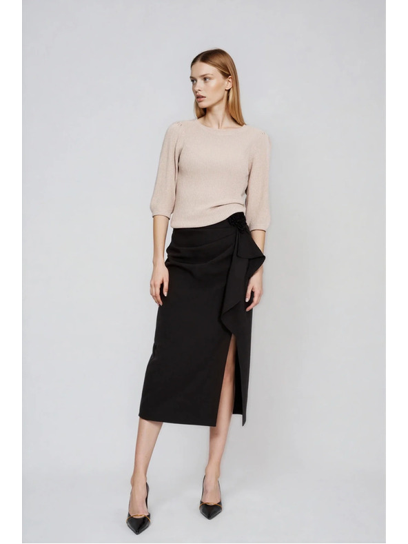 Moodo Bordázott bézs fodros ujjú pulóver Moodo