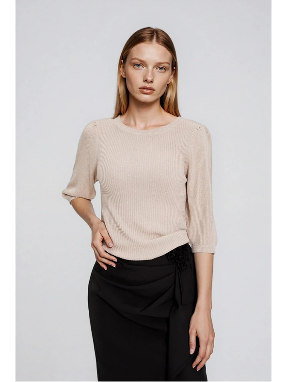 Moodo Bordázott bézs fodros ujjú pulóver Moodo