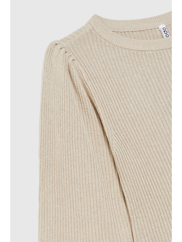 Moodo Bordázott bézs fodros ujjú pulóver Moodo
