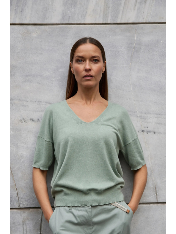 Moodo Olívazöld rövid ujjú pulóver Moodo