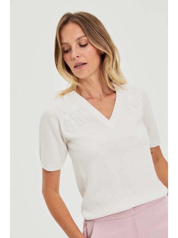 Moodo Fehér V-nyakú rövid ujjú pulóver Moodo