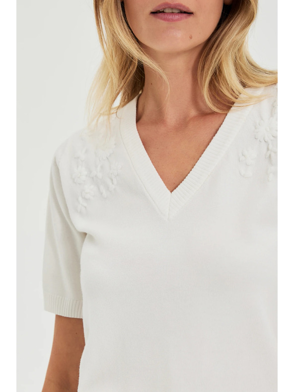Moodo Fehér V-nyakú rövid ujjú pulóver Moodo