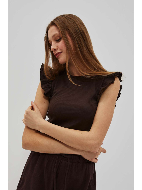 Moodo Sötétbarna blúz fodros vállal Moodo