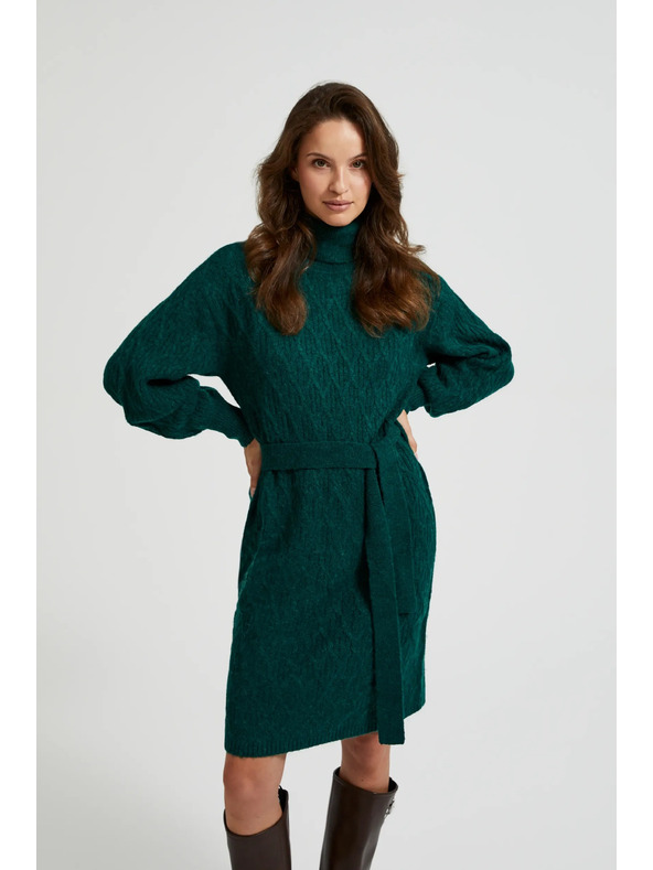 Moodo Kötött zöld ruha magas nyakkal és felfújt ujjakkal Moodo