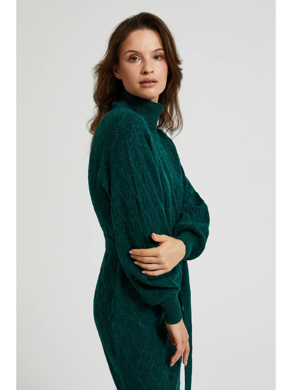 Moodo Kötött zöld ruha magas nyakkal és felfújt ujjakkal Moodo