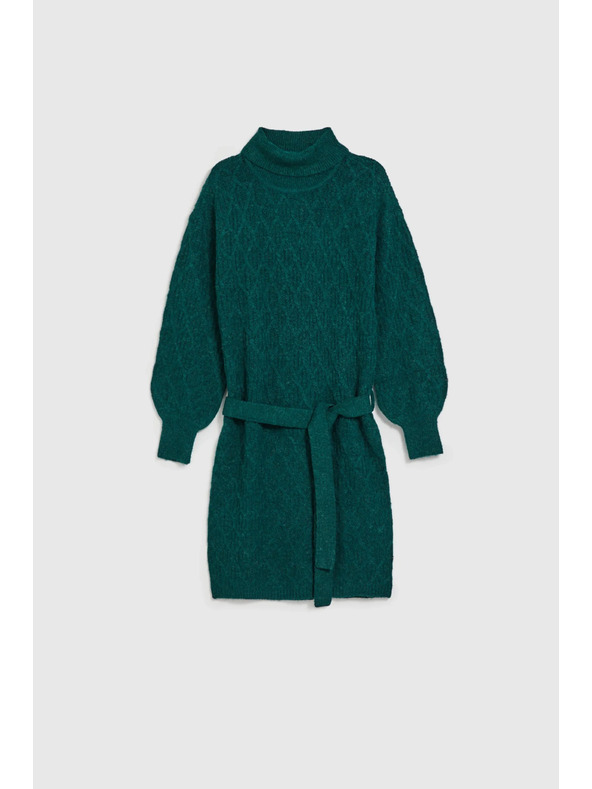 Moodo Kötött zöld ruha magas nyakkal és felfújt ujjakkal Moodo