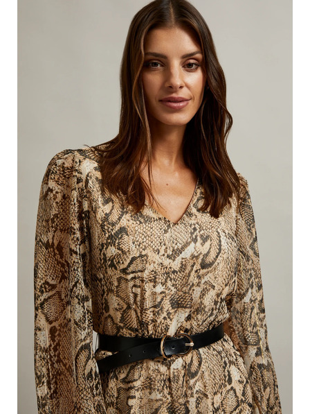 Moodo Bézs ruha felfújt ujjakkal és állat mintával Moodo