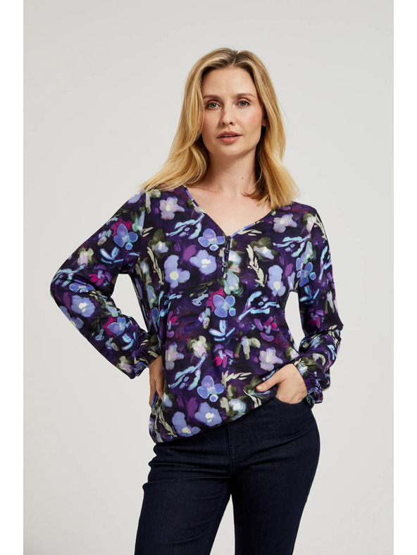 Moodo Sötétkék virágos V-nyakú blúz Moodo