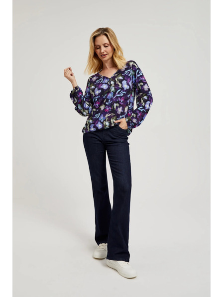Moodo Sötétkék virágos V-nyakú blúz Moodo
