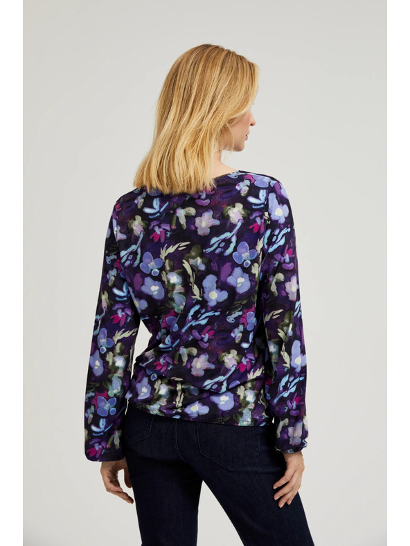 Moodo Sötétkék virágos V-nyakú blúz Moodo