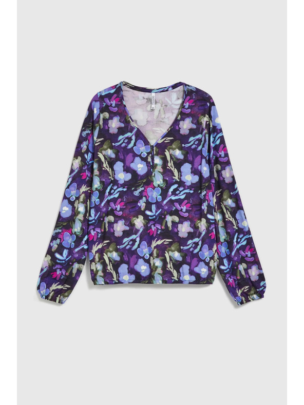 Moodo Sötétkék virágos V-nyakú blúz Moodo