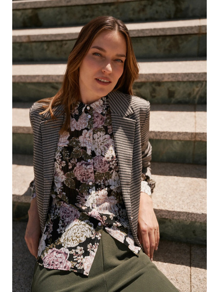 Moodo Pliszírozott ing virágmintával és buborék ujjakkal fekete Moodo