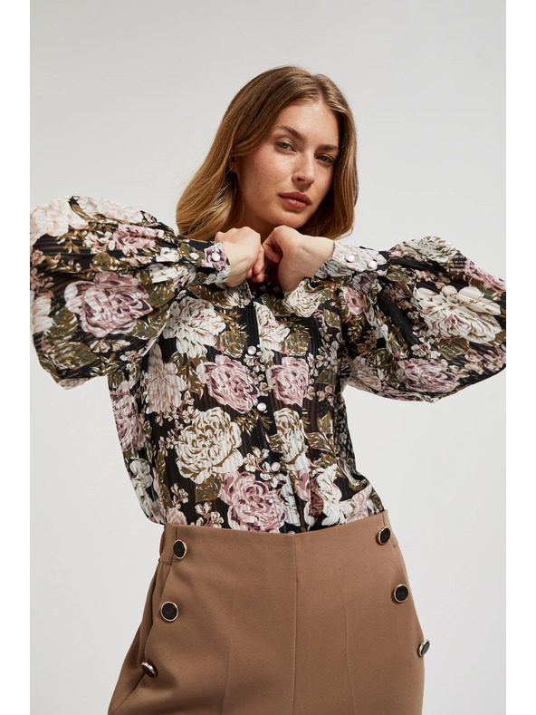 Moodo Pliszírozott ing virágmintával és buborék ujjakkal fekete Moodo