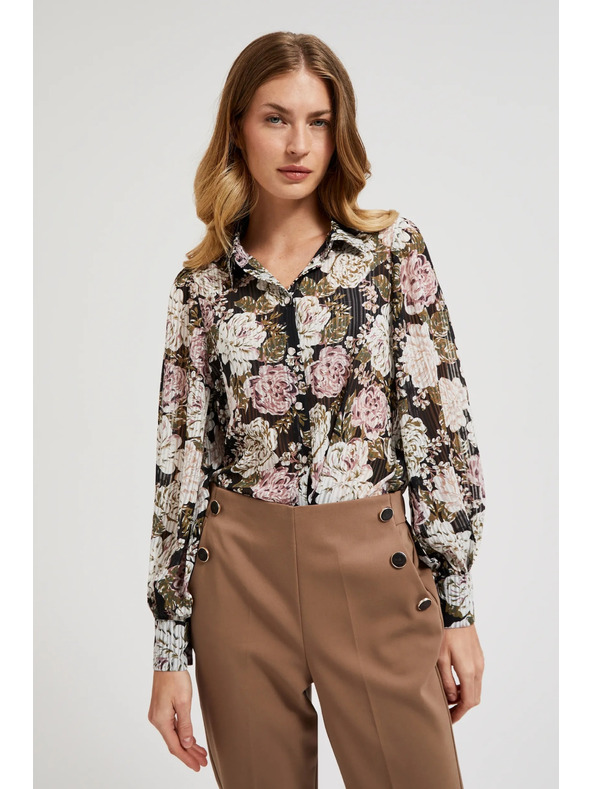 Moodo Pliszírozott ing virágmintával és buborék ujjakkal fekete Moodo