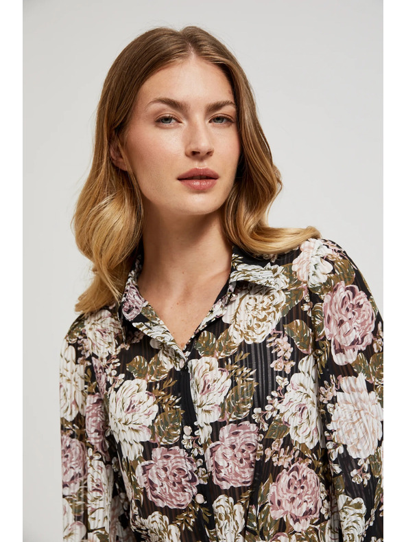 Moodo Pliszírozott ing virágmintával és buborék ujjakkal fekete Moodo