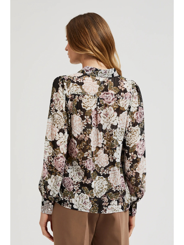 Moodo Pliszírozott ing virágmintával és buborék ujjakkal fekete Moodo