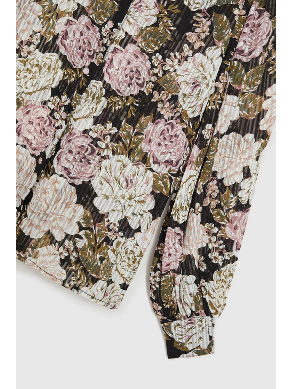 Moodo Pliszírozott ing virágmintával és buborék ujjakkal fekete Moodo